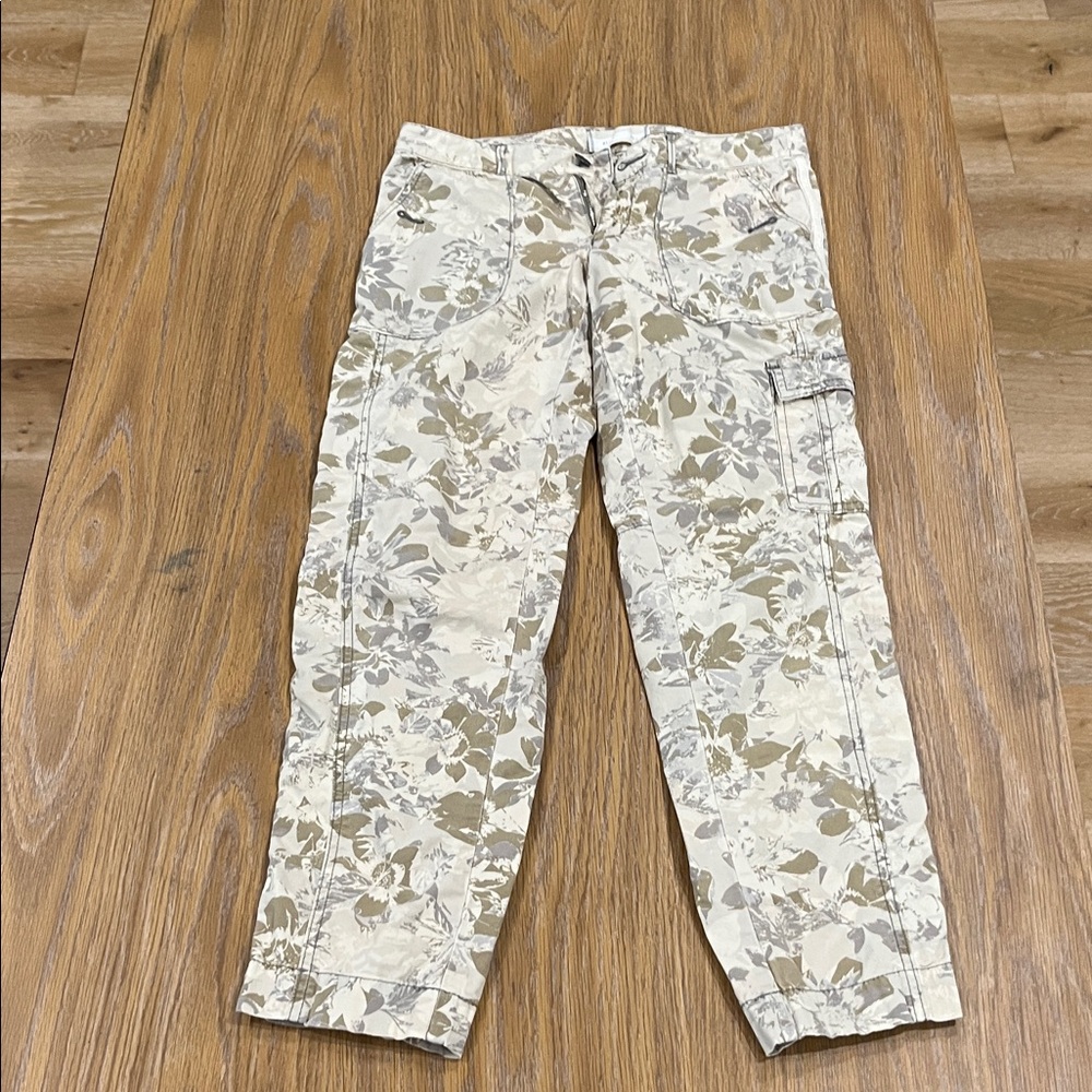 Women's Floral Cargo Pants - Cream and Brown